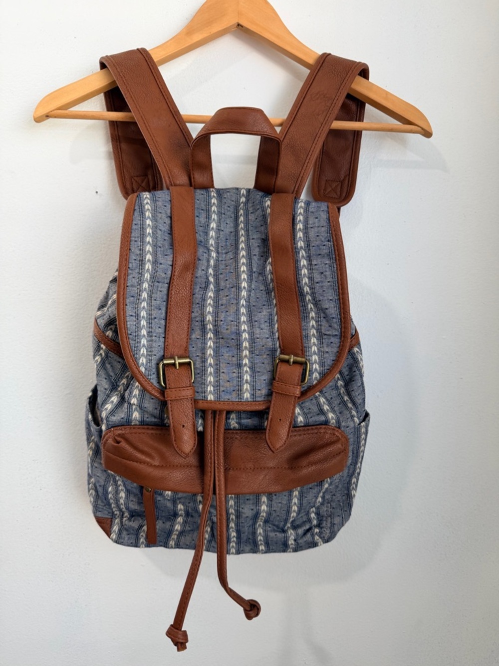 Madden Girl Blue Stripe Canvas Backpack with Brown Trim